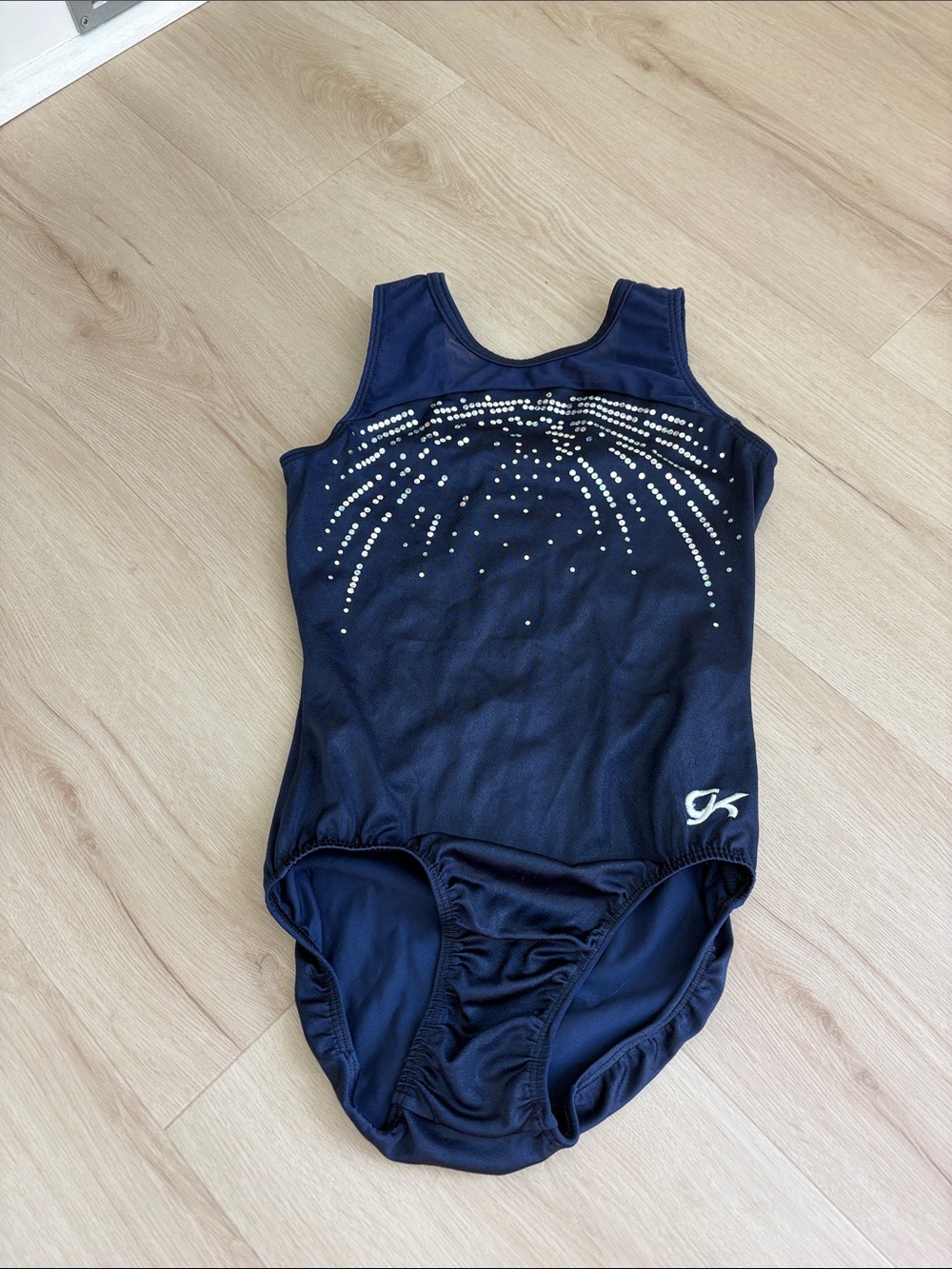 GK Navy Leotard with Silver Accent Rhinestones
